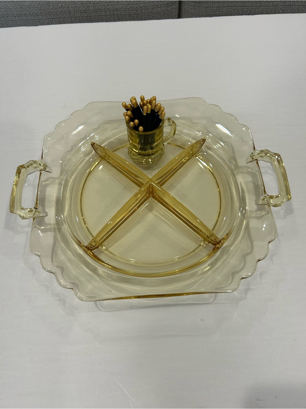 Vintage Fostoria yellow Canary Mayfair divided tray mini-glass matchstick holder